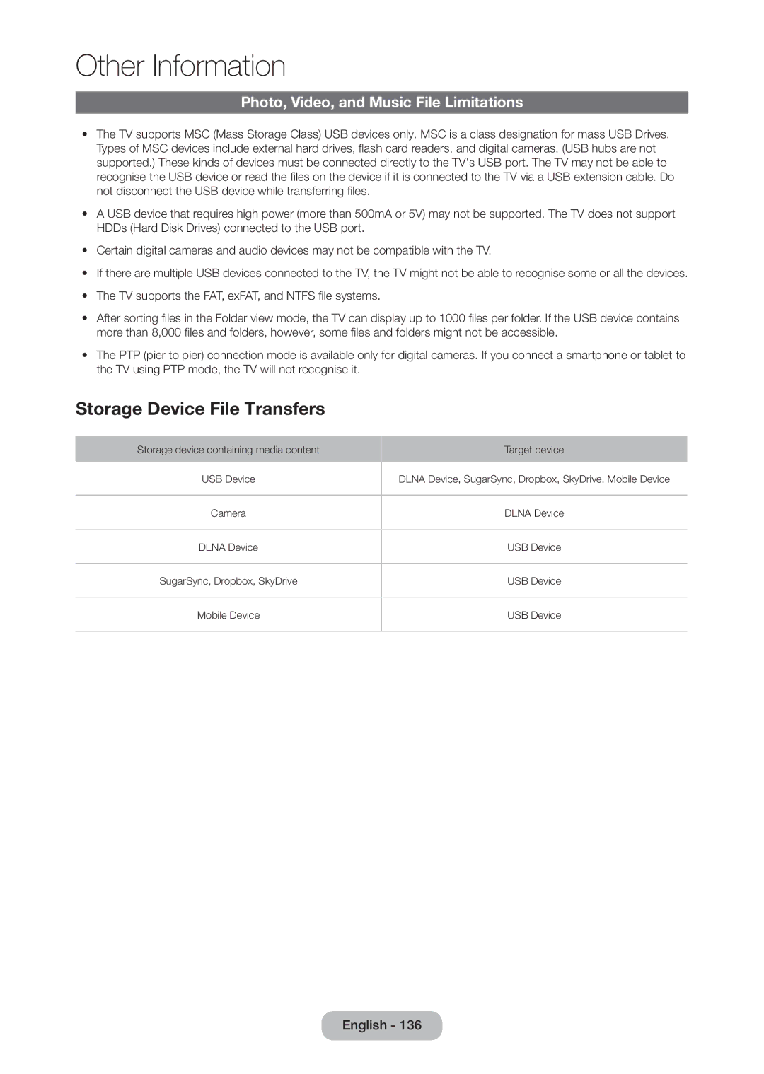 Samsung TD390S, T24D390SW, T27D390SW user manual Storage Device File Transfers, Photo, Video, and Music File Limitations 