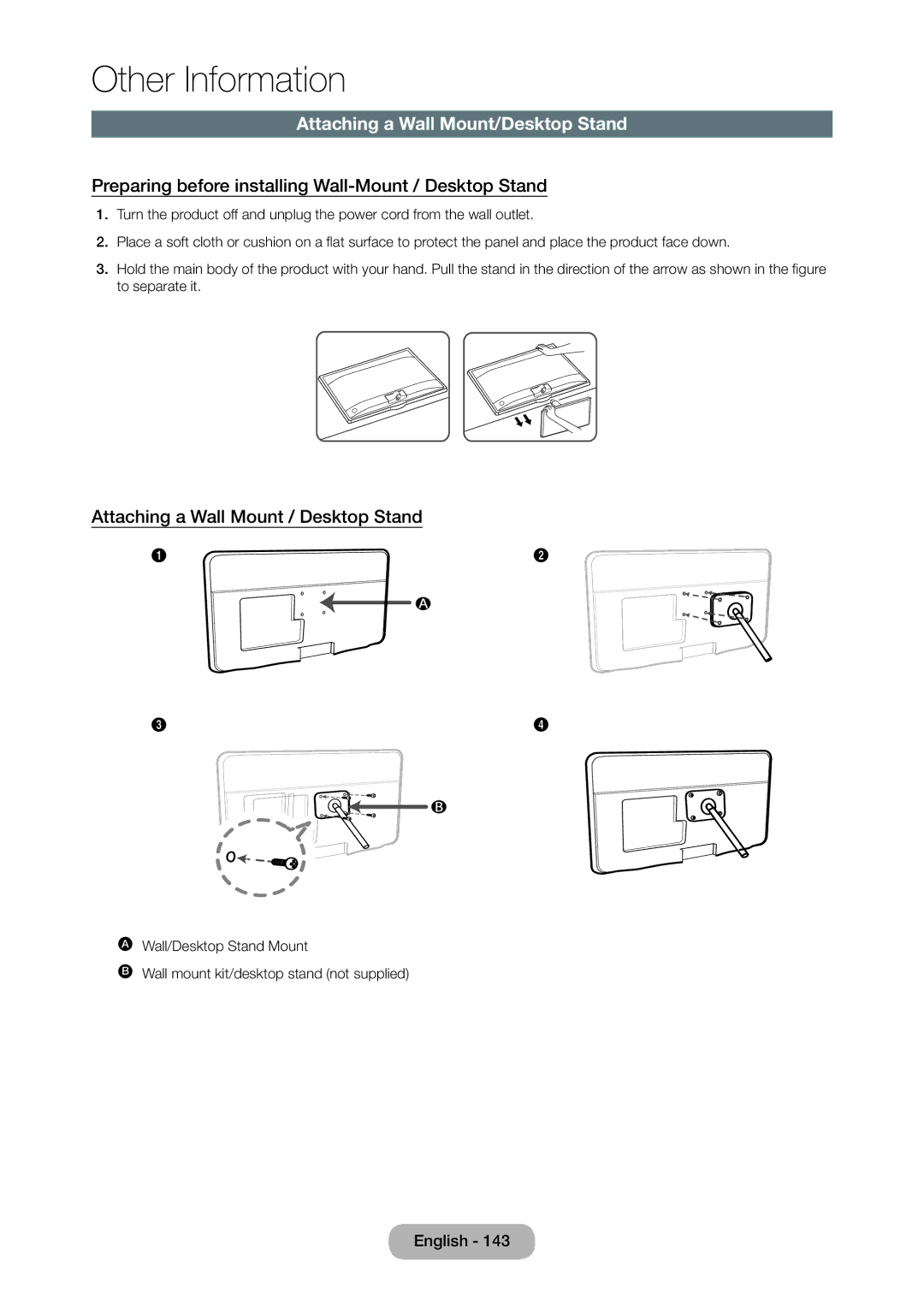 Samsung T27D390SW, T24D390SW Attaching a Wall Mount/Desktop Stand, Preparing before installing Wall-Mount / Desktop Stand 