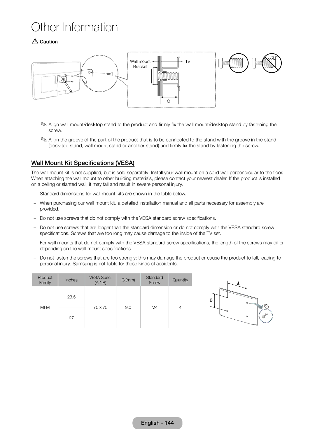 Samsung T24D390SW, TD390S, T27D390SW user manual Wall Mount Kit Specifications Vesa 