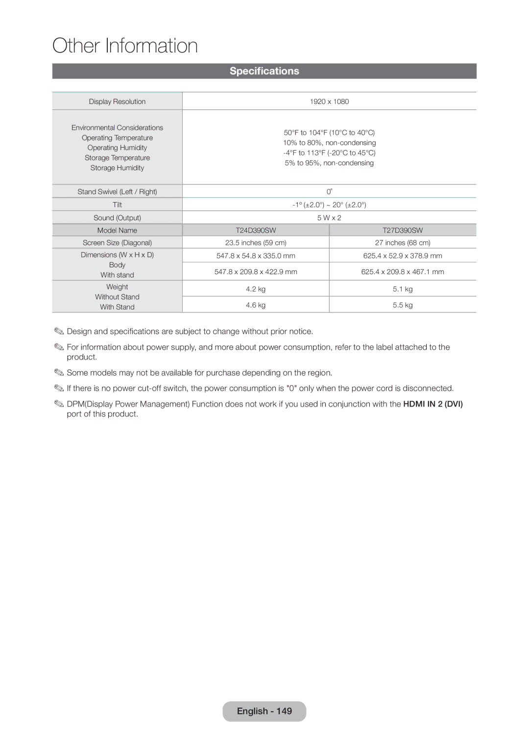 Samsung T27D390SW, T24D390SW, TD390S user manual Specifications 