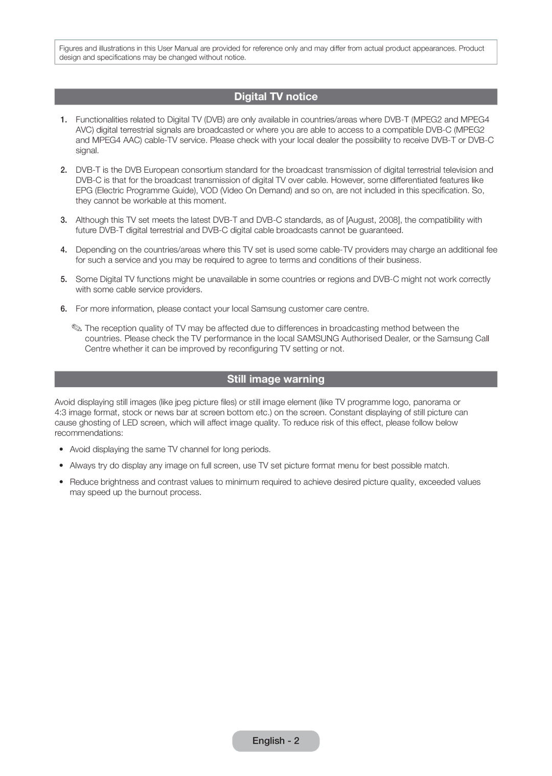 Samsung T27D390SW, T24D390SW, TD390S user manual Digital TV notice, Still image warning 