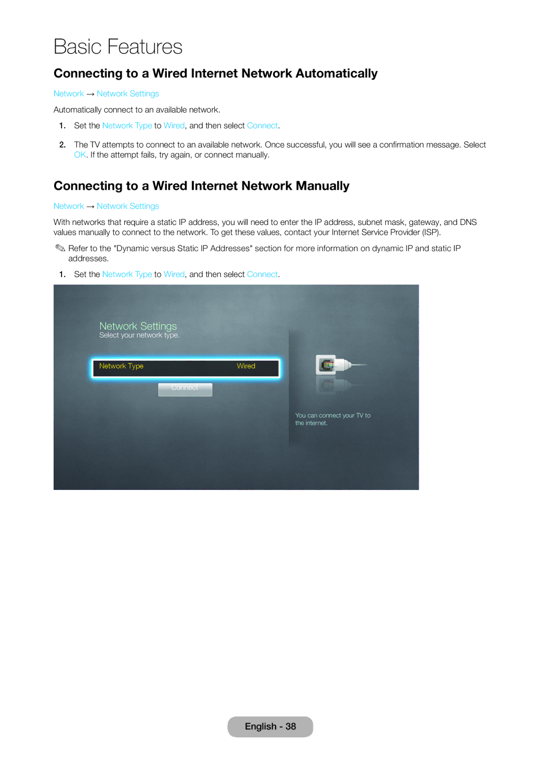 Samsung T27D390SW Connecting to a Wired Internet Network Automatically, Connecting to a Wired Internet Network Manually 