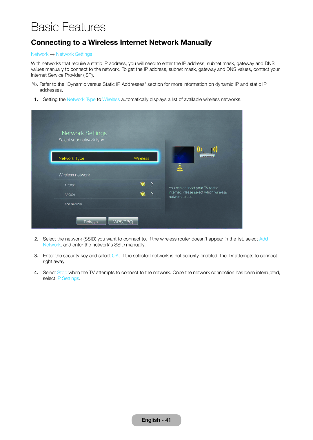 Samsung T27D390SW, T24D390SW, TD390S user manual Connecting to a Wireless Internet Network Manually 