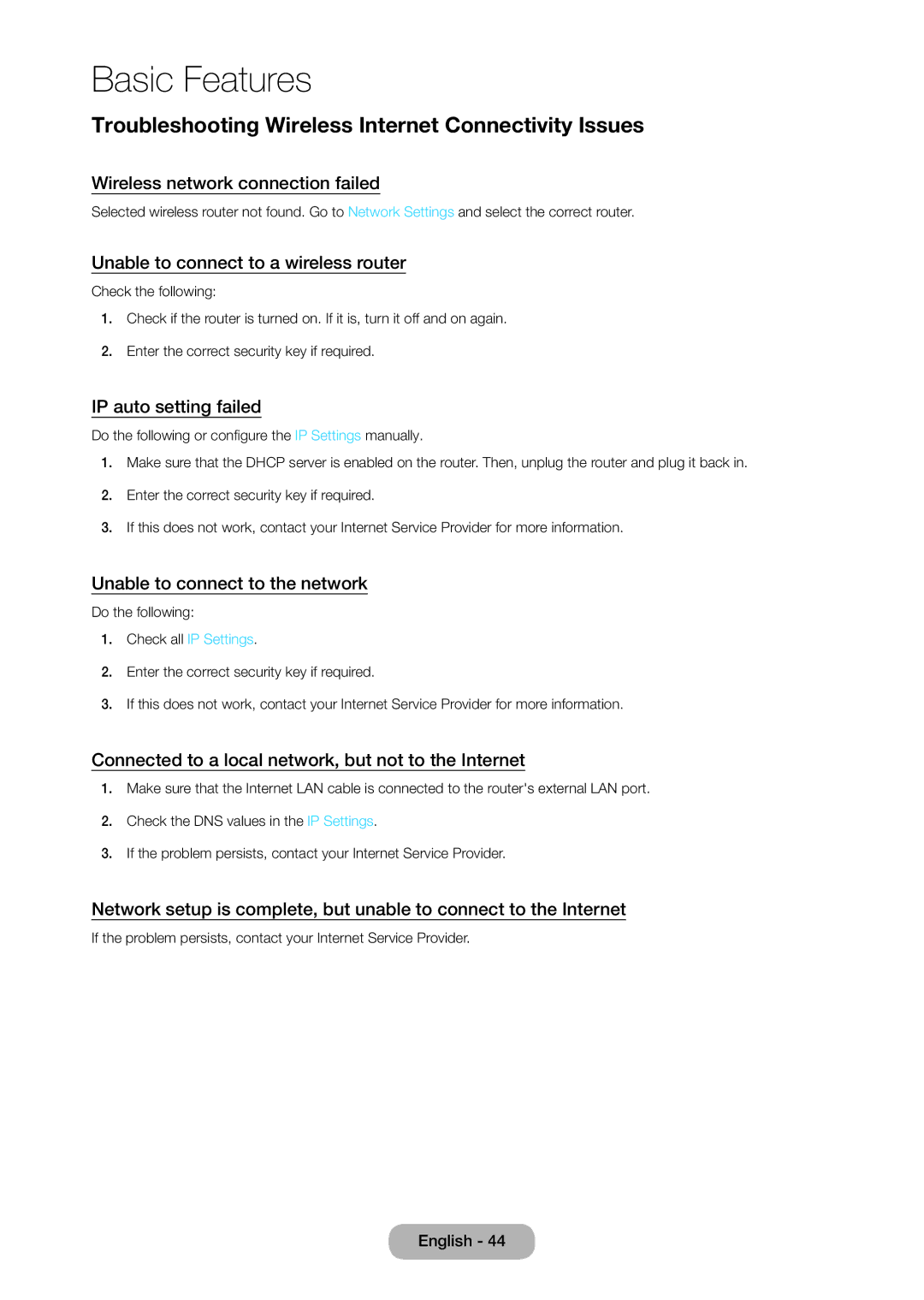 Samsung T27D390SW, T24D390SW Troubleshooting Wireless Internet Connectivity Issues, Wireless network connection failed 