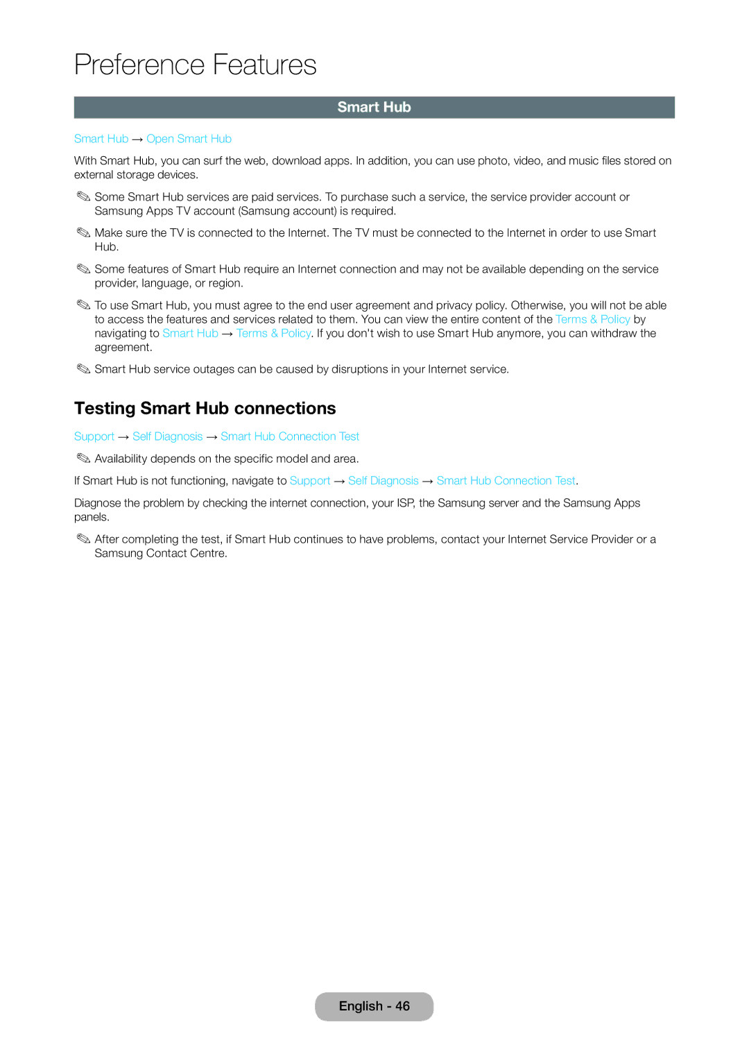 Samsung TD390S, T24D390SW, T27D390SW user manual Testing Smart Hub connections, Smart Hub → Open Smart Hub 