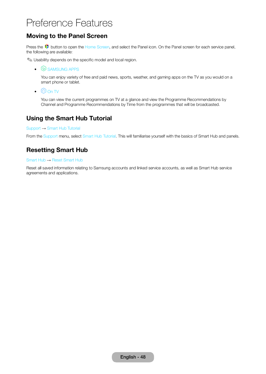 Samsung T24D390SW, TD390S, T27D390SW Moving to the Panel Screen, Using the Smart Hub Tutorial, Resetting Smart Hub 