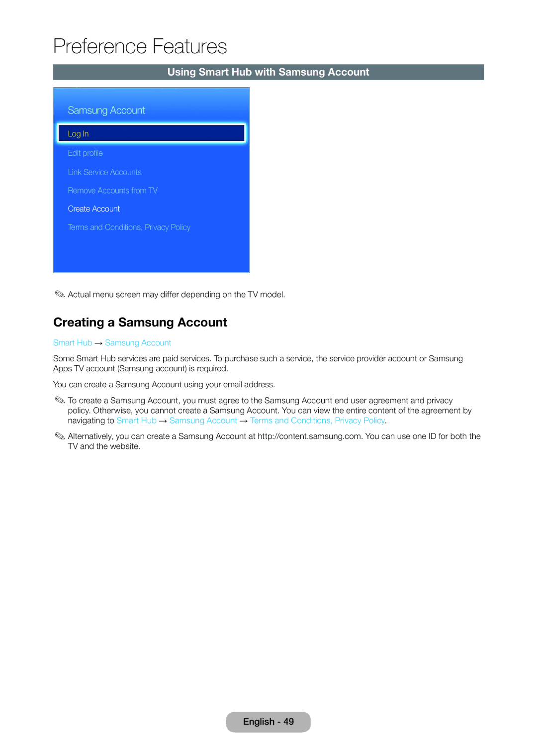 Samsung TD390S, T24D390SW Creating a Samsung Account, Using Smart Hub with Samsung Account, Smart Hub → Samsung Account 