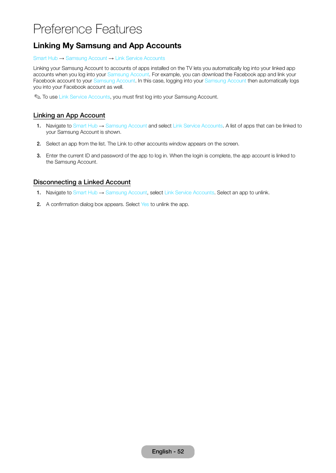 Samsung TD390S, T24D390SW Linking My Samsung and App Accounts, Linking an App Account, Disconnecting a Linked Account 