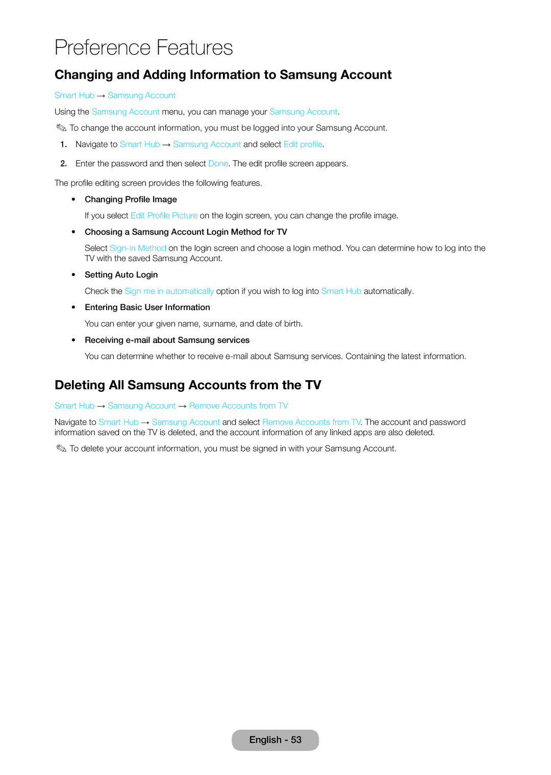 Samsung T27D390SW, T24D390SW Changing and Adding Information to Samsung Account, Deleting All Samsung Accounts from the TV 