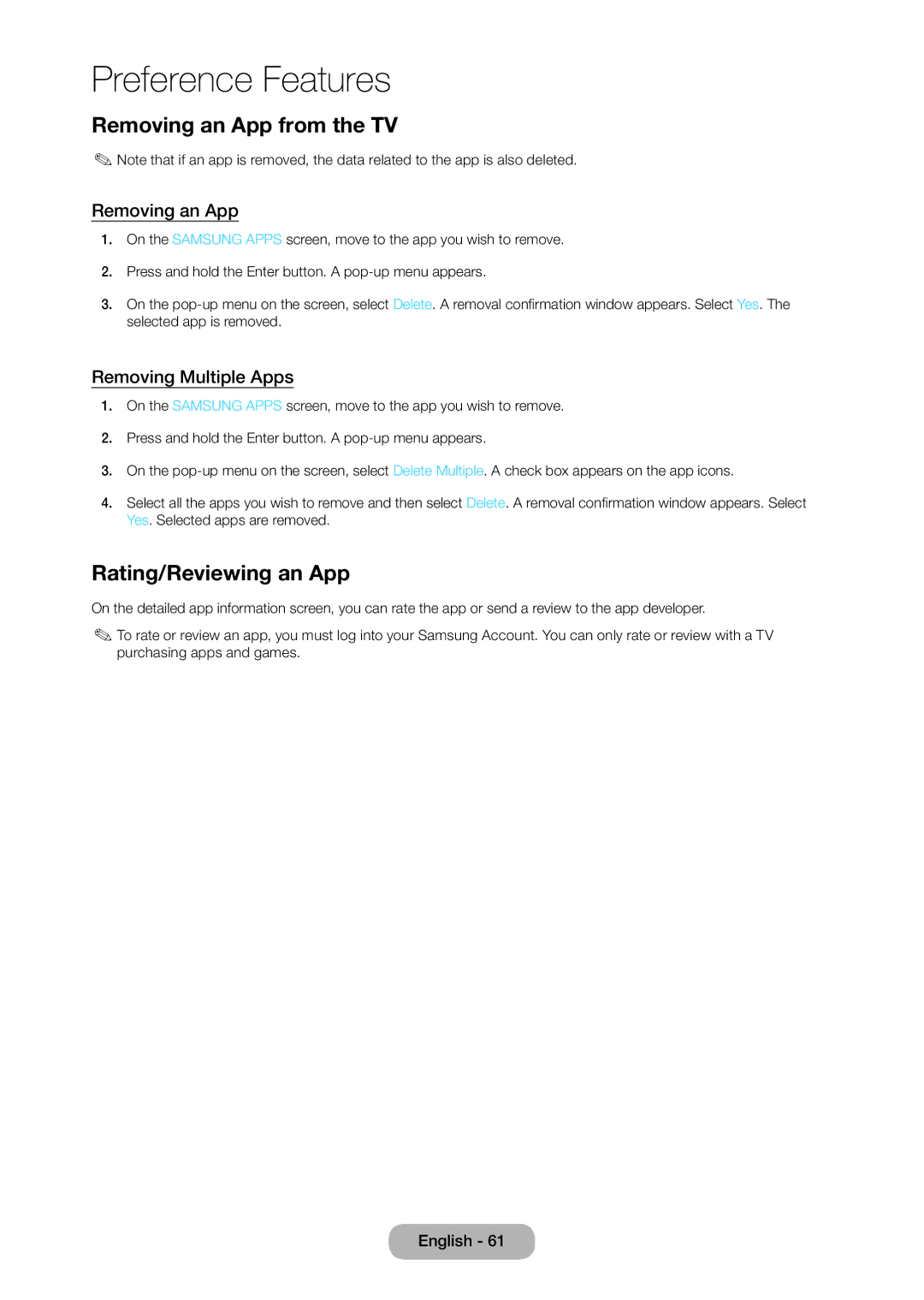 Samsung TD390S, T24D390SW, T27D390SW user manual Removing an App from the TV, Rating/Reviewing an App, Removing Multiple Apps 