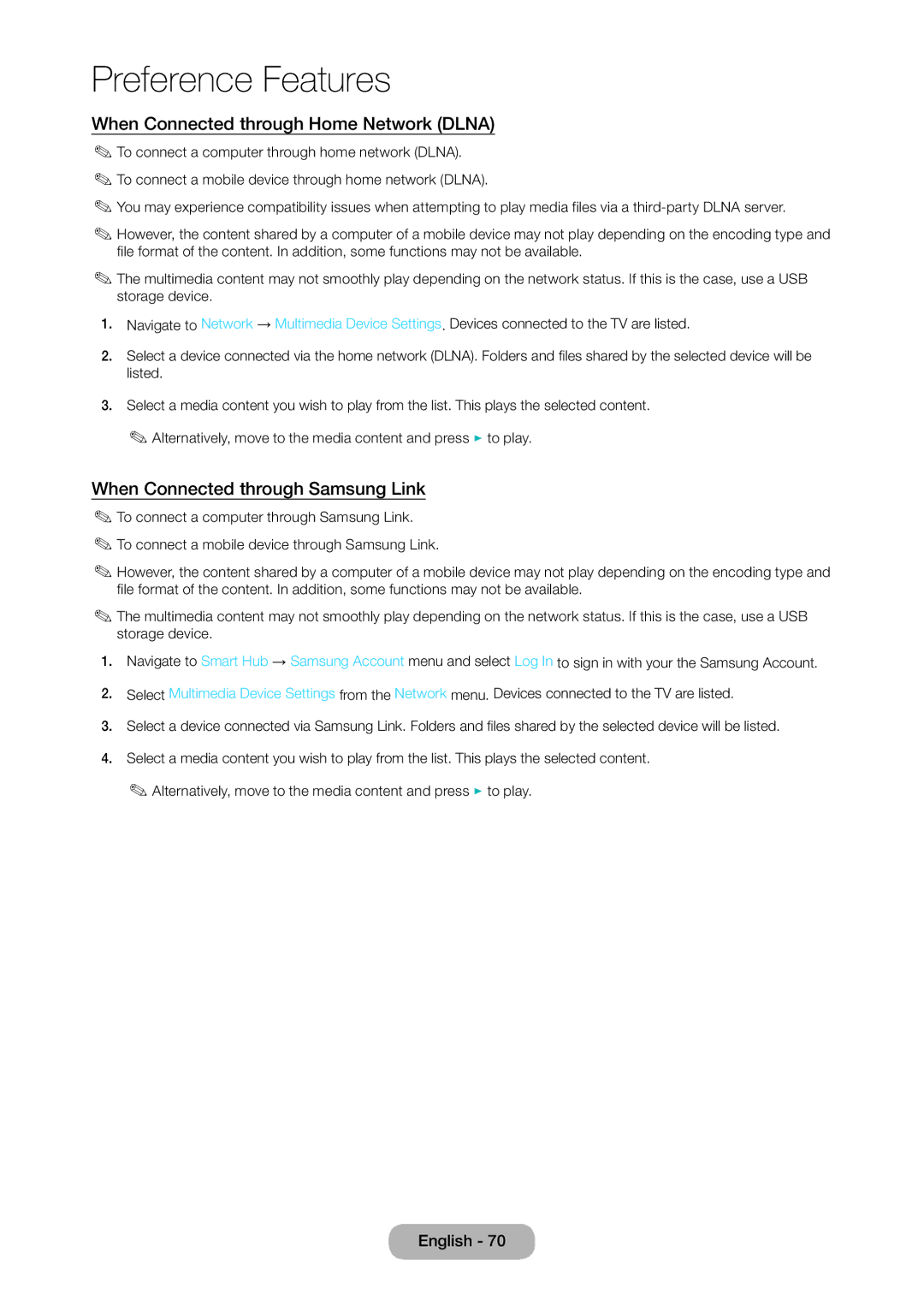 Samsung TD390S, T24D390SW, T27D390SW When Connected through Home Network Dlna, When Connected through Samsung Link 