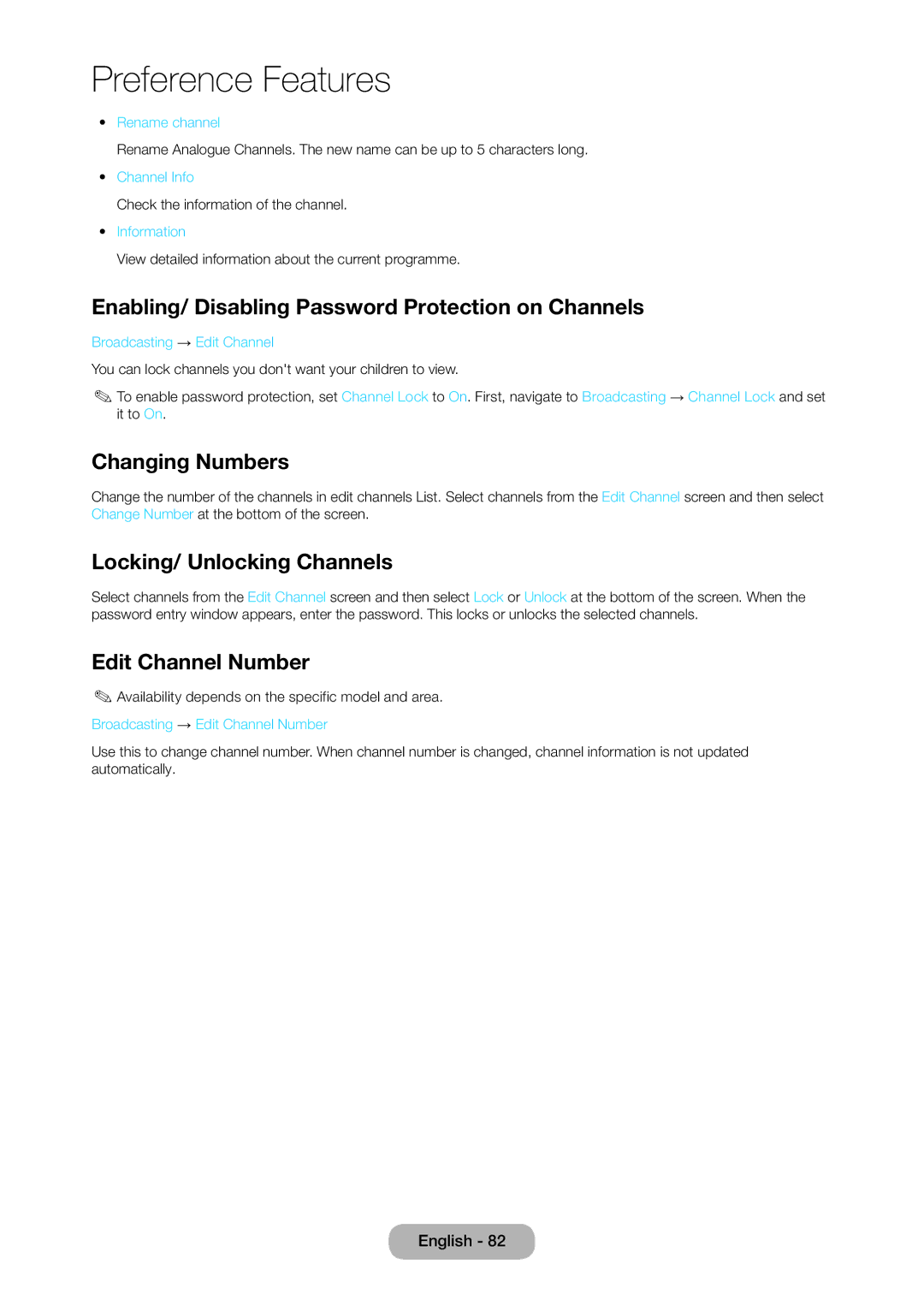 Samsung TD390S Enabling/ Disabling Password Protection on Channels, Changing Numbers, Locking/ Unlocking Channels 