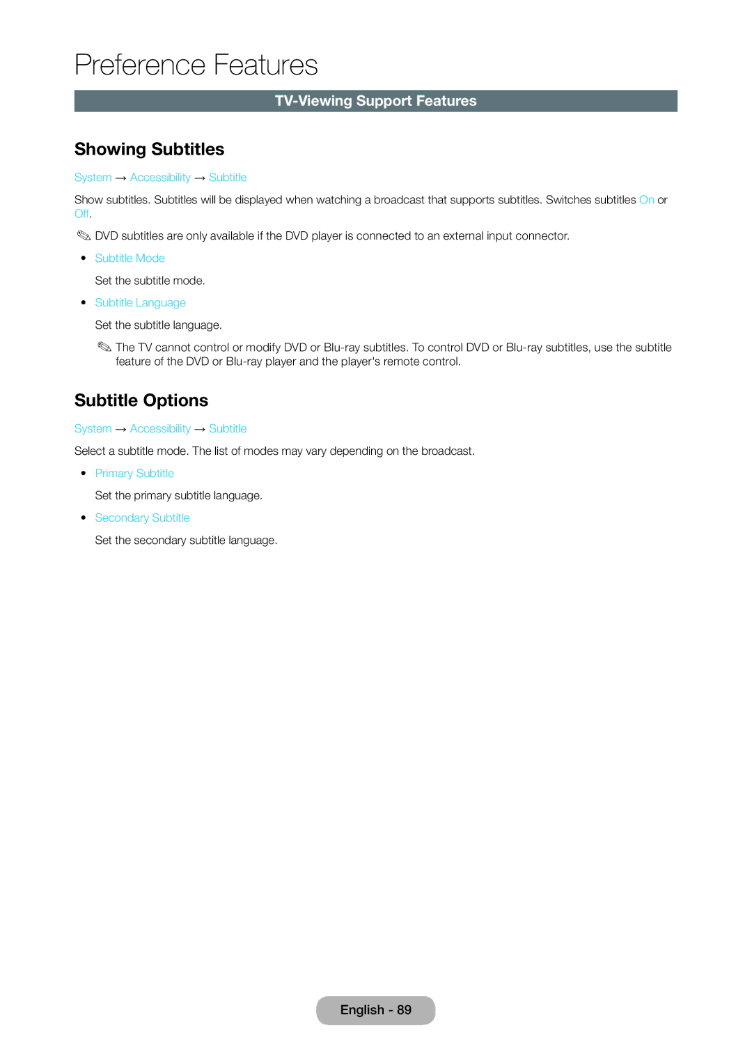 Samsung T27D390SW, T24D390SW, TD390S user manual Showing Subtitles, Subtitle Options, TV-Viewing Support Features 