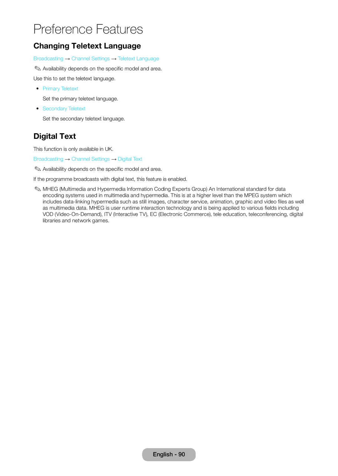 Samsung T24D390SW, TD390S, T27D390SW user manual Changing Teletext Language, Digital Text, Secondary Teletext 