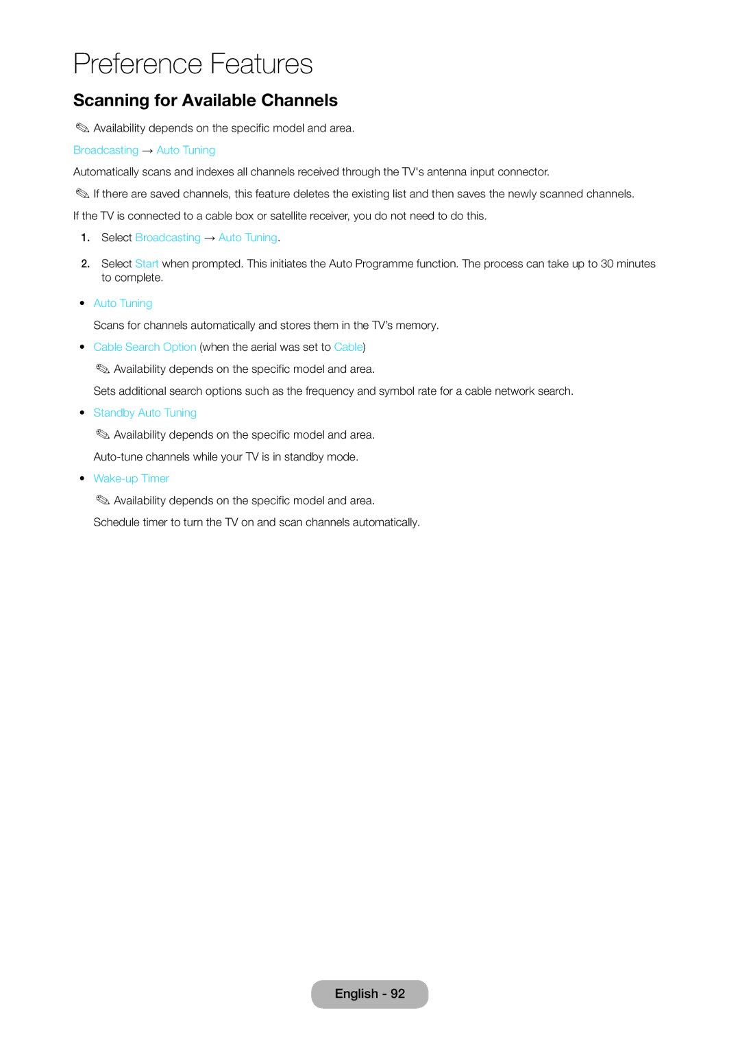 Samsung T27D390SW Scanning for Available Channels, Select Broadcasting → Auto Tuning, Standby Auto Tuning, Wake-up Timer 