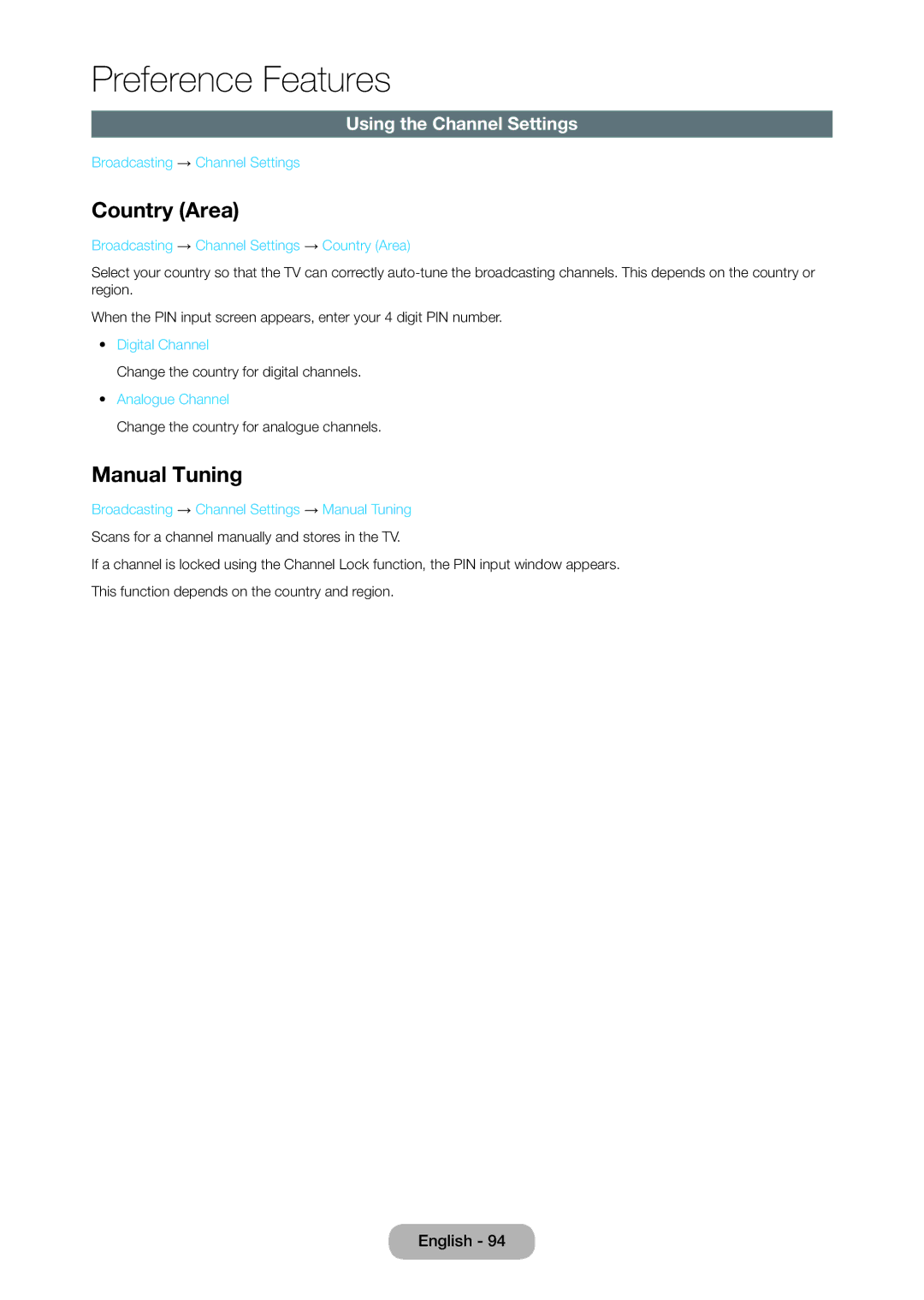 Samsung TD390S, T24D390SW, T27D390SW user manual Country Area, Manual Tuning, Using the Channel Settings 