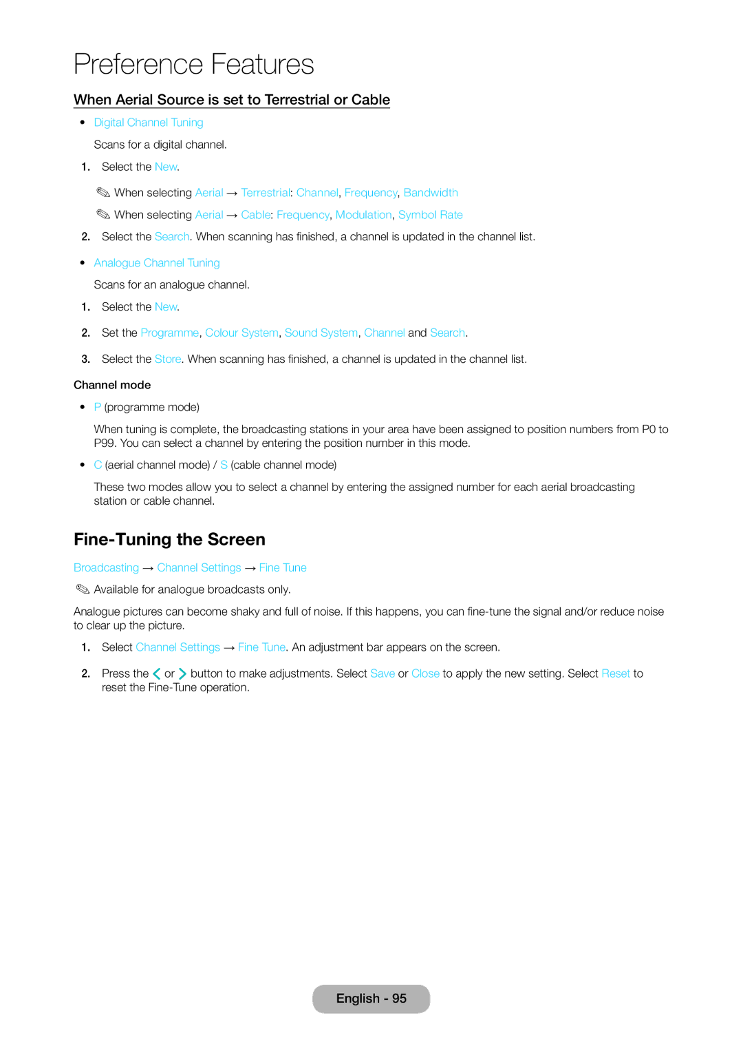 Samsung T27D390SW, T24D390SW, TD390S user manual Fine-Tuning the Screen, When Aerial Source is set to Terrestrial or Cable 