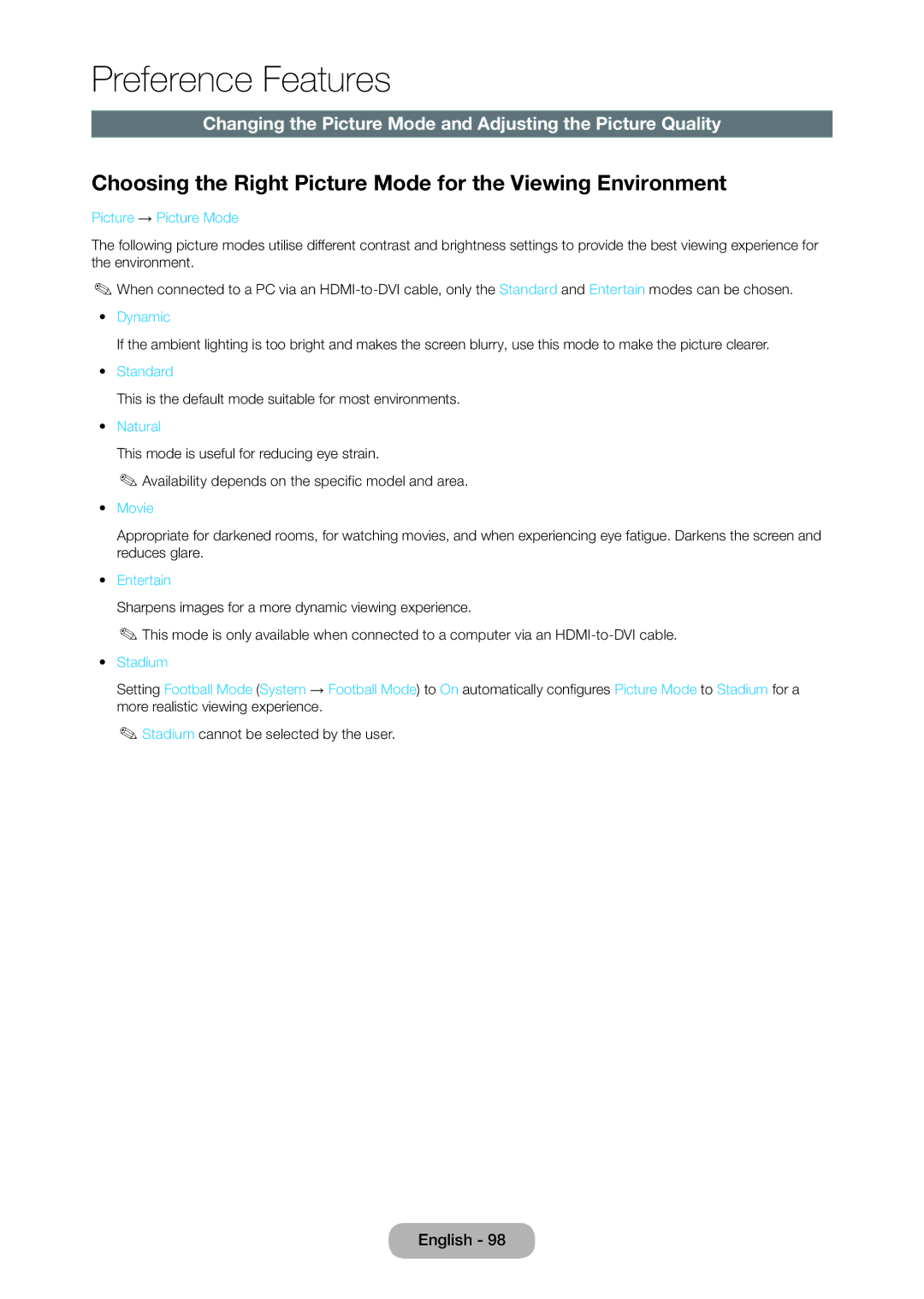 Samsung T27D390SW, T24D390SW, TD390S user manual Choosing the Right Picture Mode for the Viewing Environment 