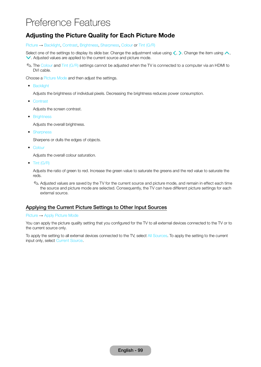 Samsung T24D390SW, TD390S, T27D390SW user manual Adjusting the Picture Quality for Each Picture Mode 