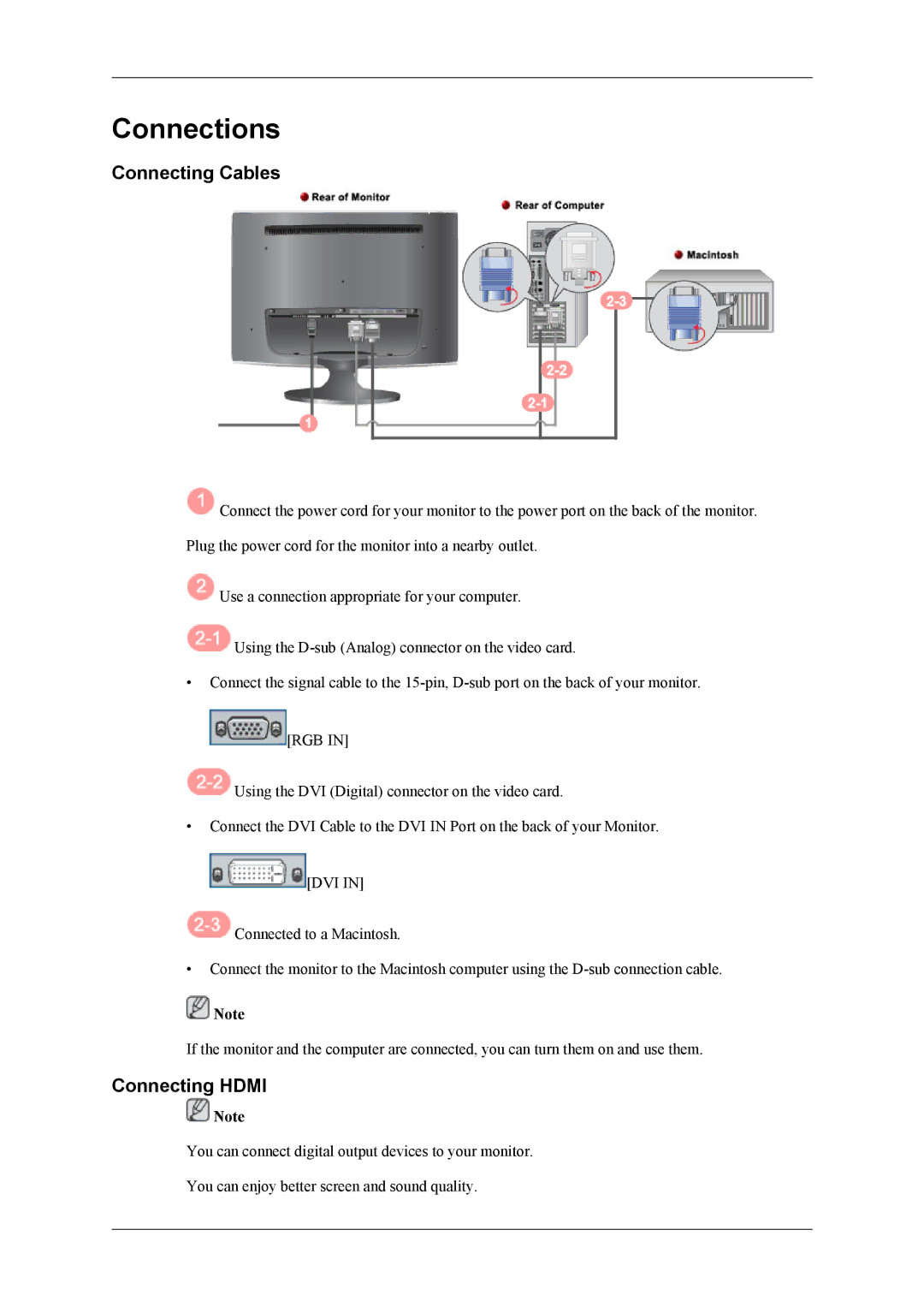 Samsung T260, T240 user manual Connections, Connecting Cables, Connecting Hdmi 