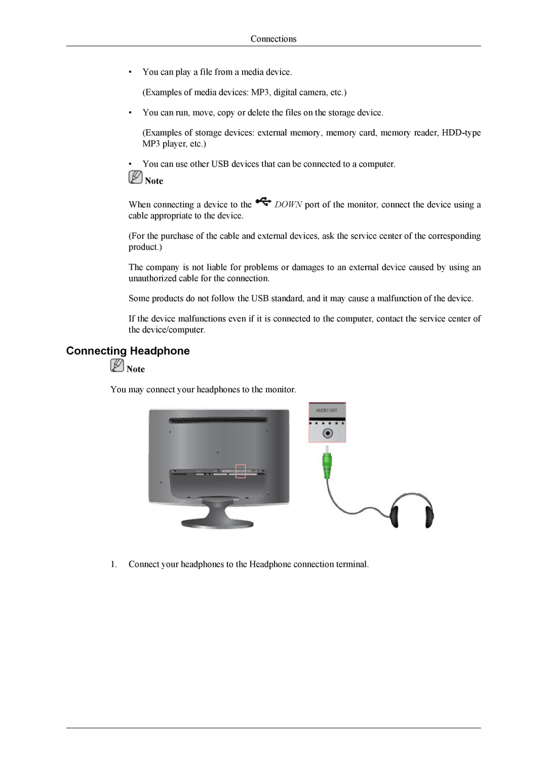 Samsung T240, T260 user manual Connecting Headphone 