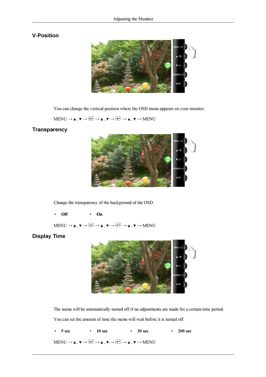 Samsung T240, T260 user manual Transparency, Display Time, Off On, Sec 10 sec 20 sec 200 sec 