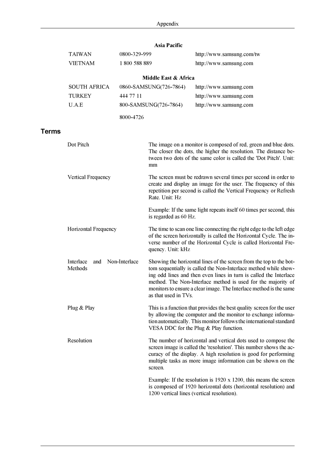 Samsung T260, T240 user manual Terms, Middle East & Africa 