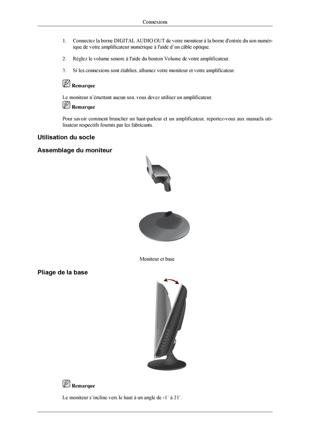 Samsung T260, T240 quick start Utilisation du socle Assemblage du moniteur, Pliage de la base 