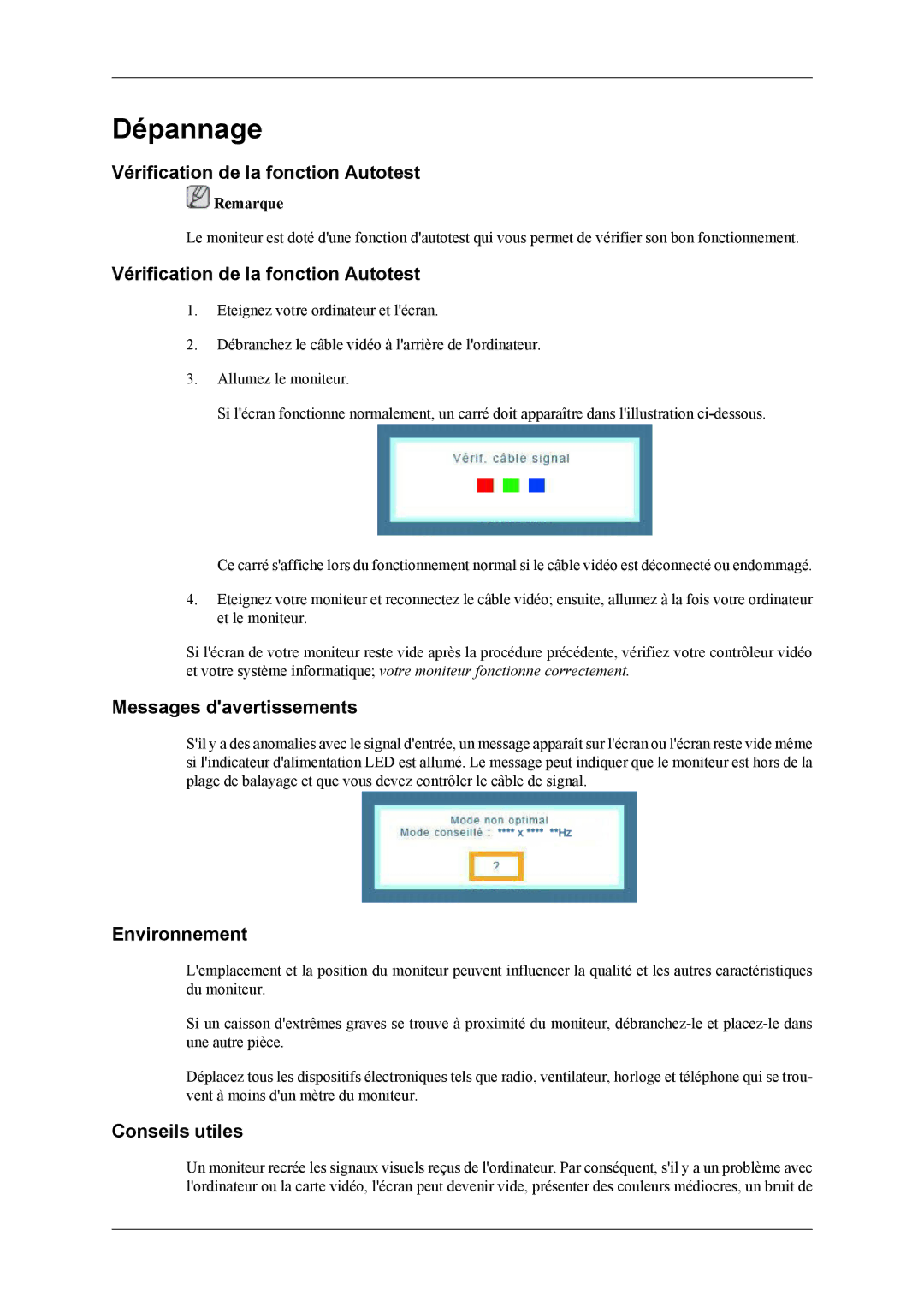 Samsung T240, T260 Vérification de la fonction Autotest, Messages davertissements, Environnement, Conseils utiles 