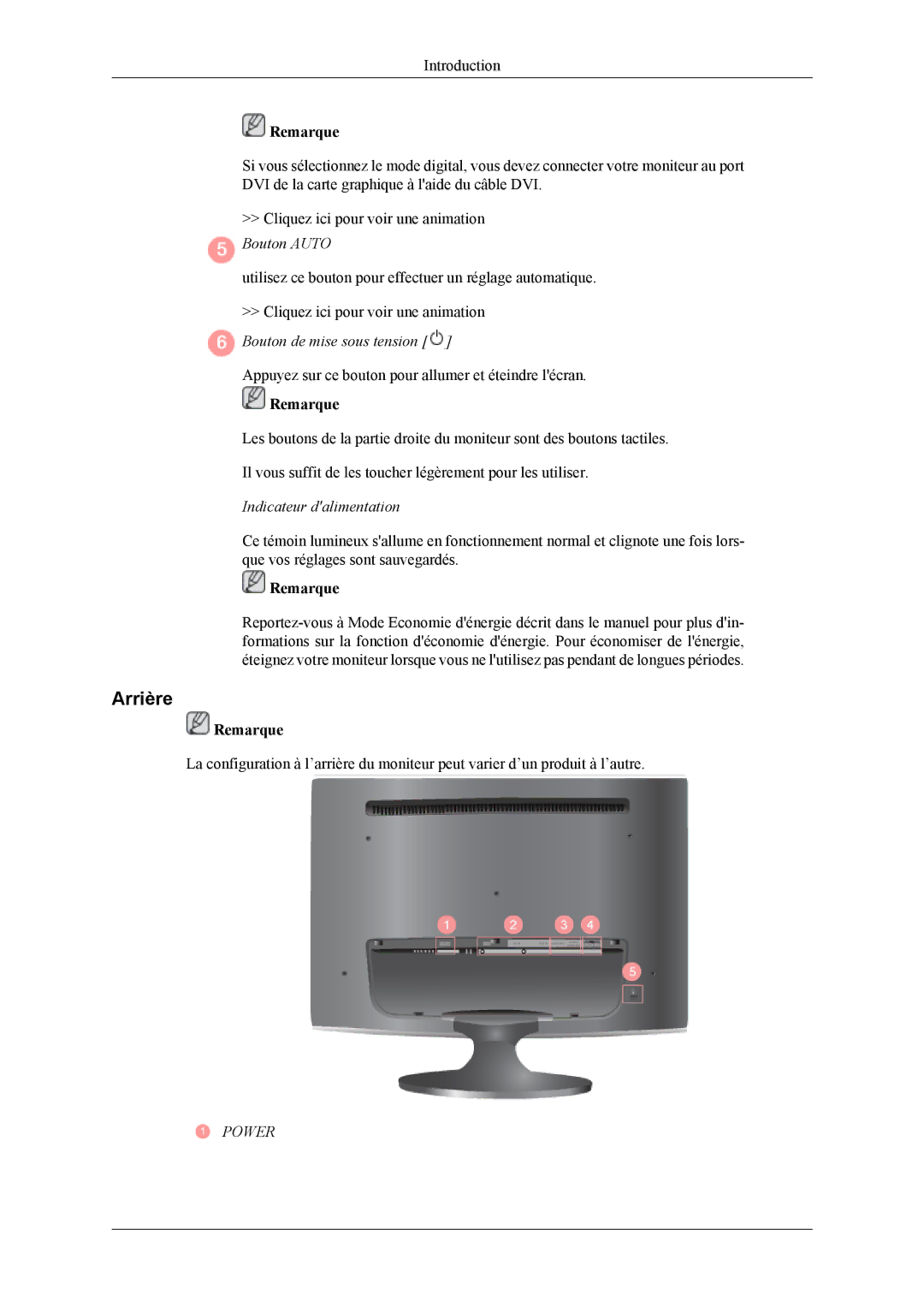 Samsung T240, T260 quick start Arrière, Bouton de mise sous tension, Indicateur dalimentation 