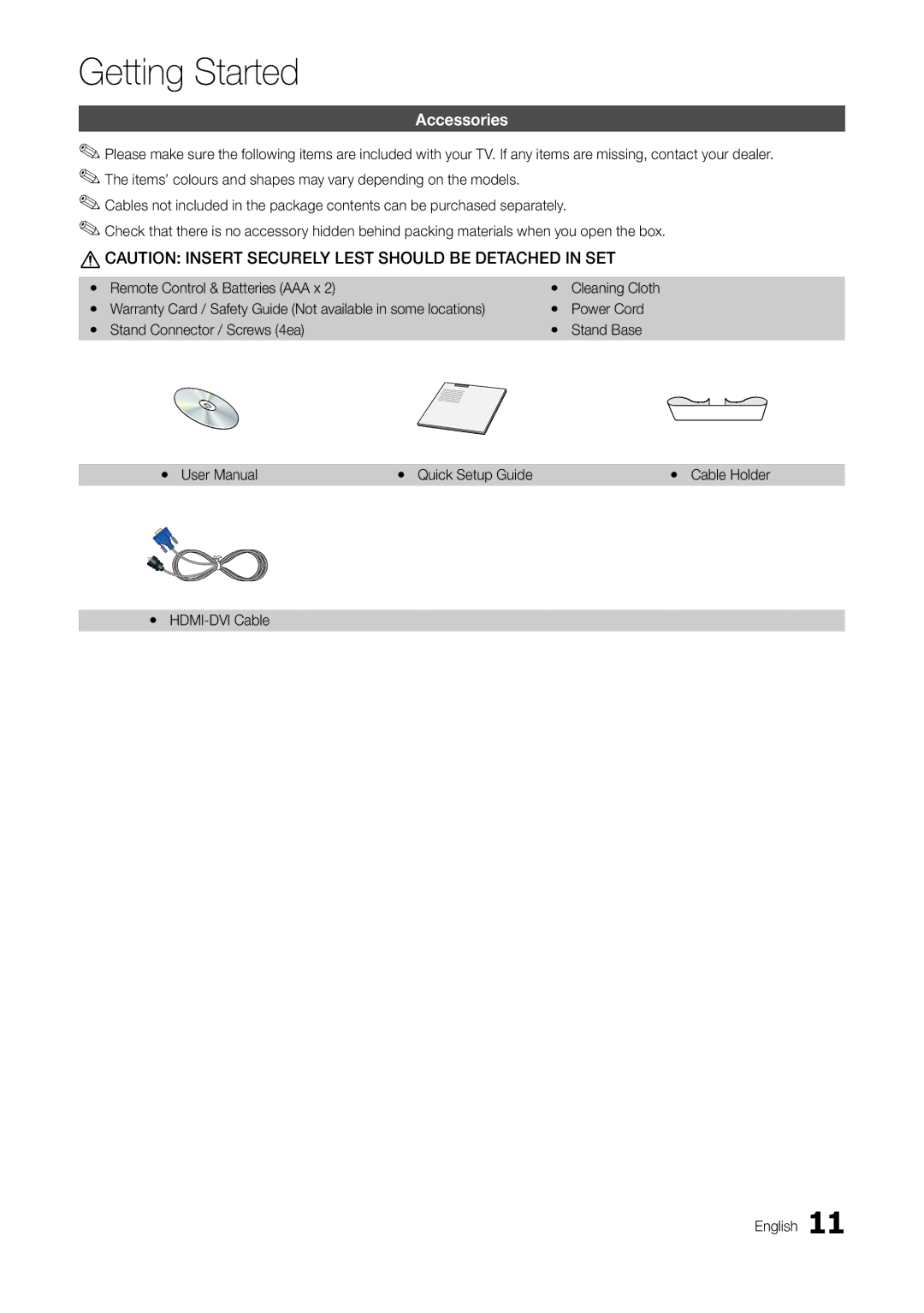 Samsung TA300 user manual Accessories, HDMI-DVI Cable English 