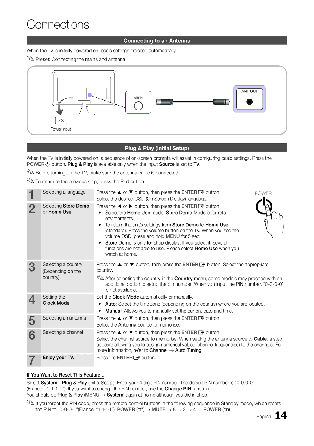 Samsung TA300 user manual Connections, Connecting to an Antenna, Plug & Play Initial Setup 