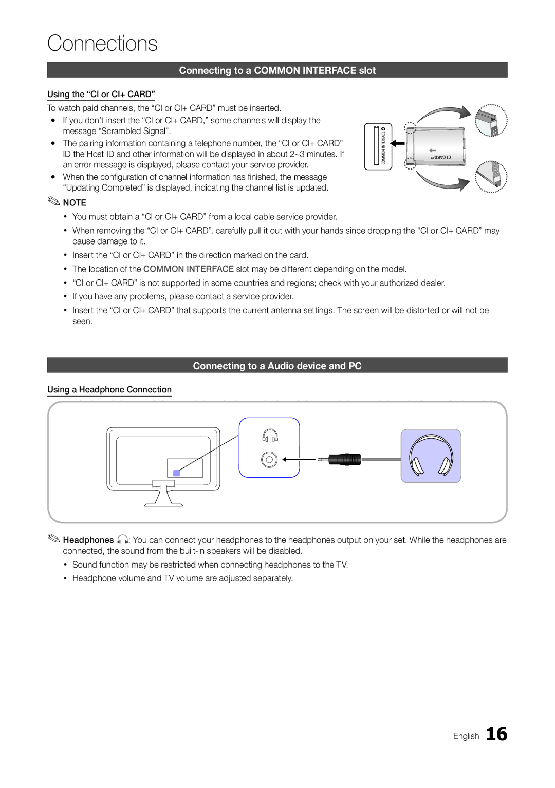 Samsung TA300 user manual Connecting to a Common Interface slot, Connecting to a Audio device and PC 