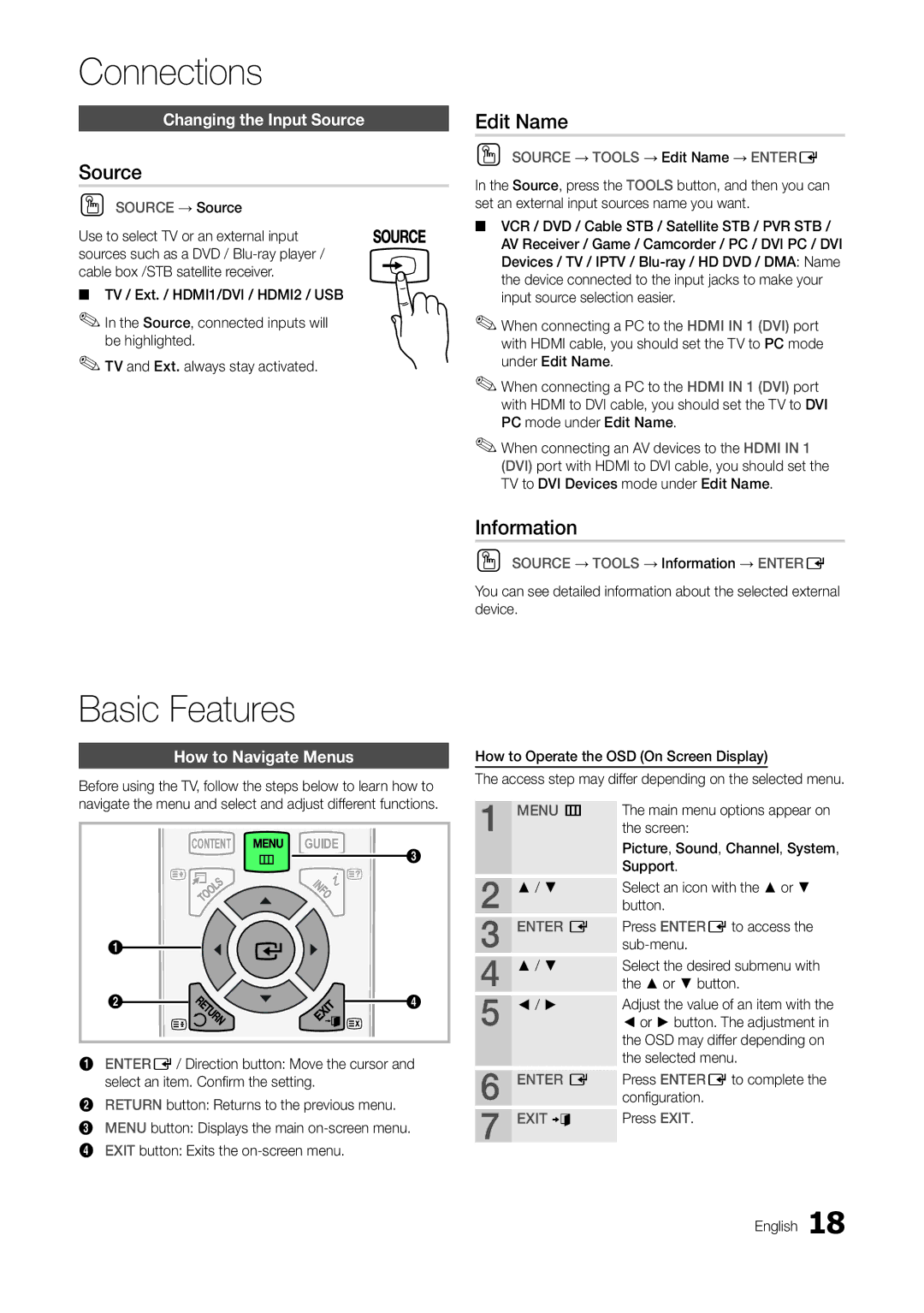 Samsung TA300 user manual Basic Features, Source, Edit Name, Information 