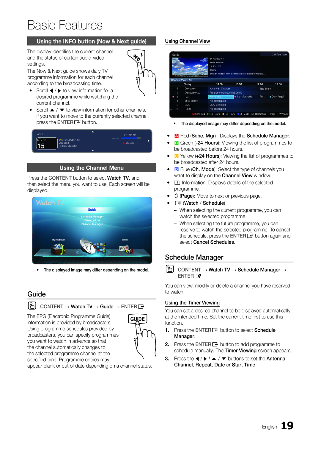 Samsung TA300 user manual Guide, Schedule Manager, Using the Info button Now & Next guide, Using the Channel Menu 