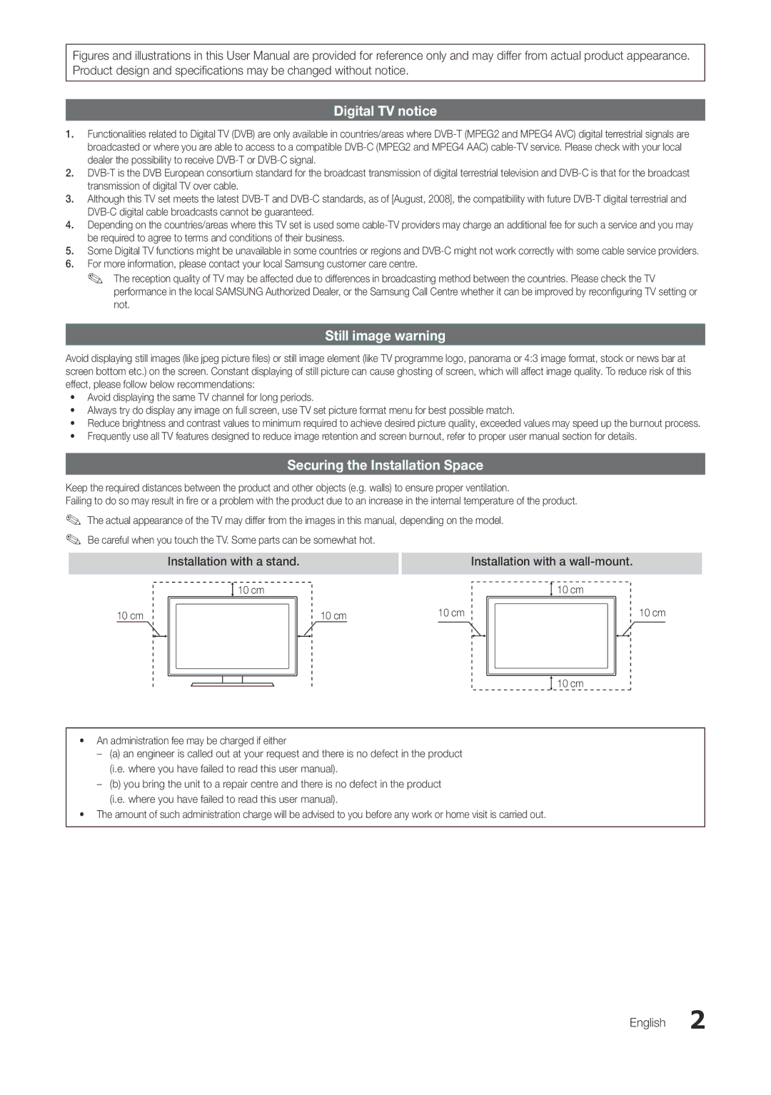 Samsung TA300 user manual Digital TV notice, Still image warning, Securing the Installation Space 