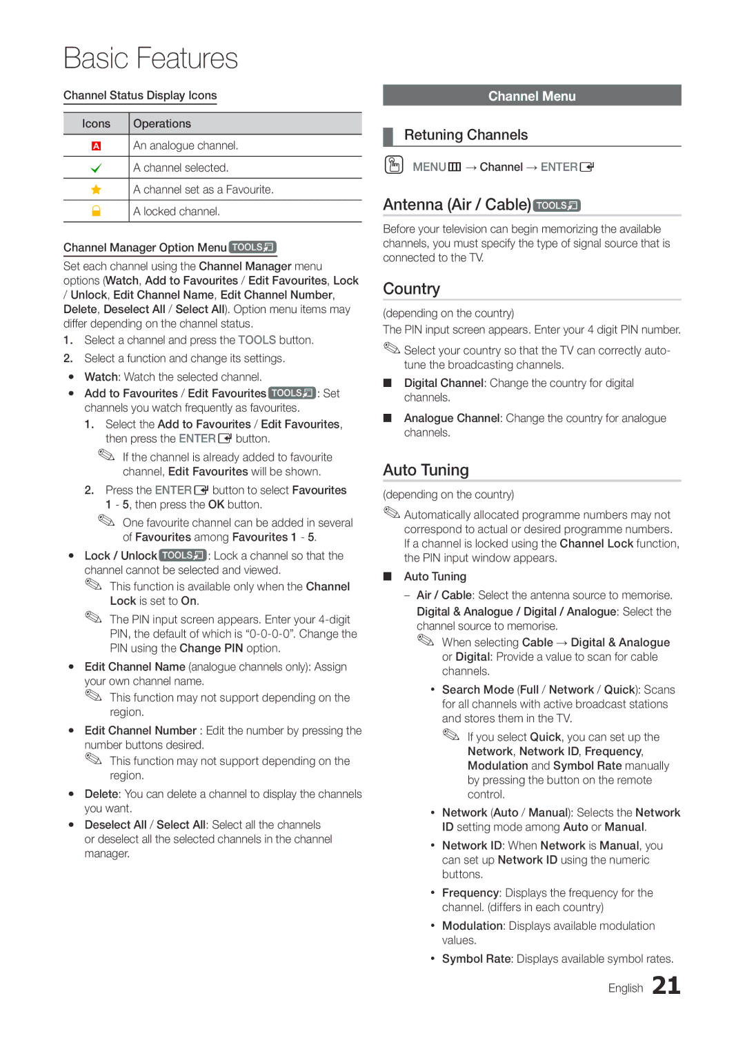 Samsung TA300 user manual Antenna Air / Cablet, Country, Auto Tuning, Retuning Channels, Channel Menu 