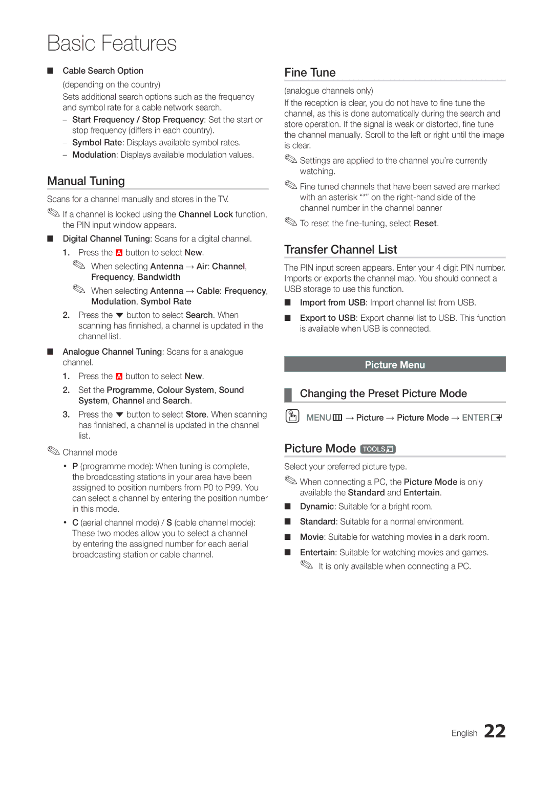 Samsung TA300 user manual Manual Tuning, Fine Tune, Transfer Channel List, Picture Mode t, Changing the Preset Picture Mode 