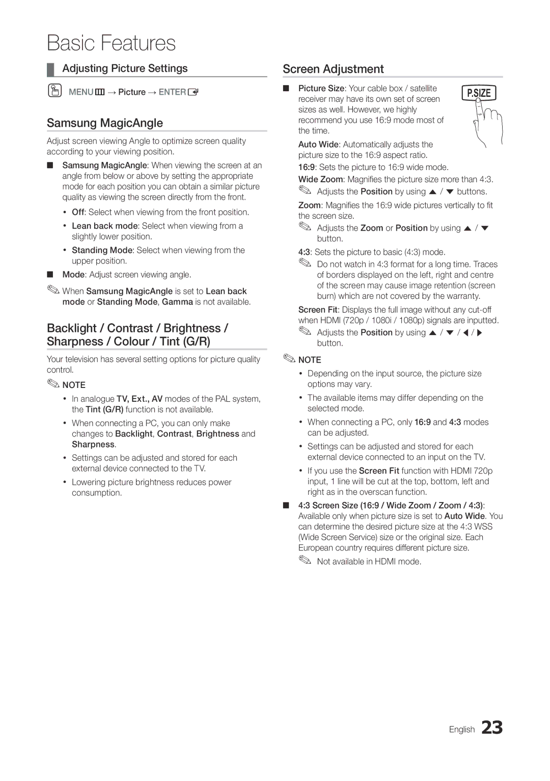 Samsung TA300 user manual Samsung MagicAngle, Screen Adjustment, Adjusting Picture Settings 