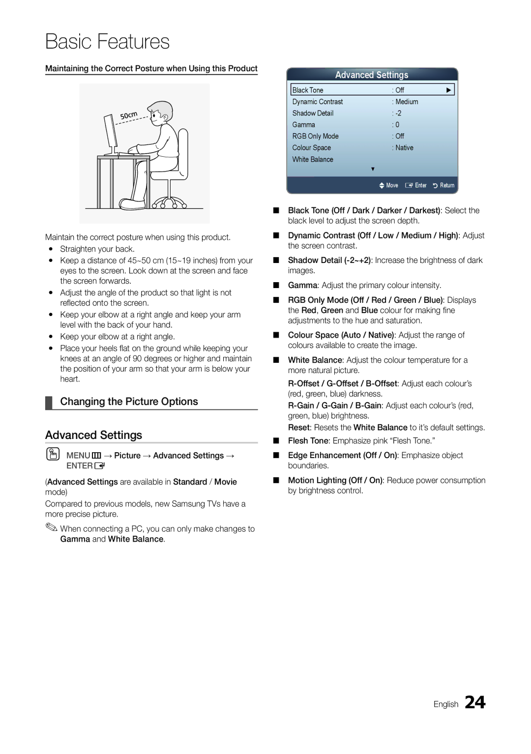 Samsung TA300 user manual Changing the Picture Options, OO MENUm→ Picture → Advanced Settings → 