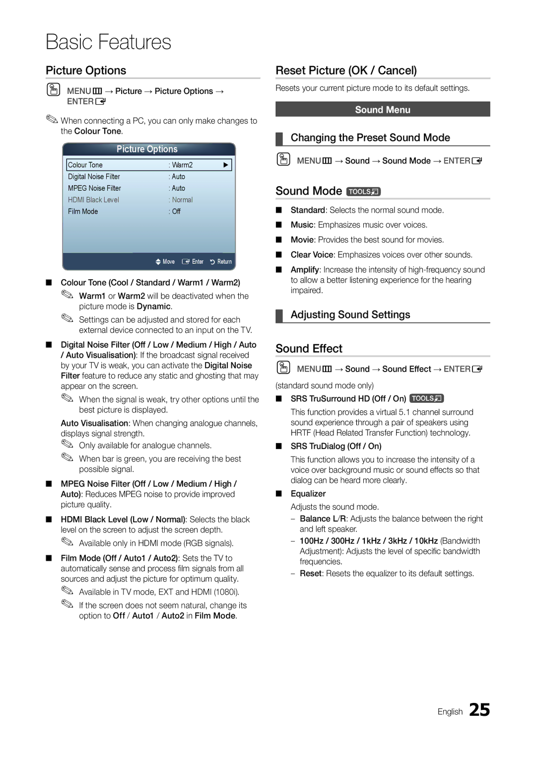 Samsung TA300 user manual Picture Options, Reset Picture OK / Cancel, Sound Mode t, Sound Effect 