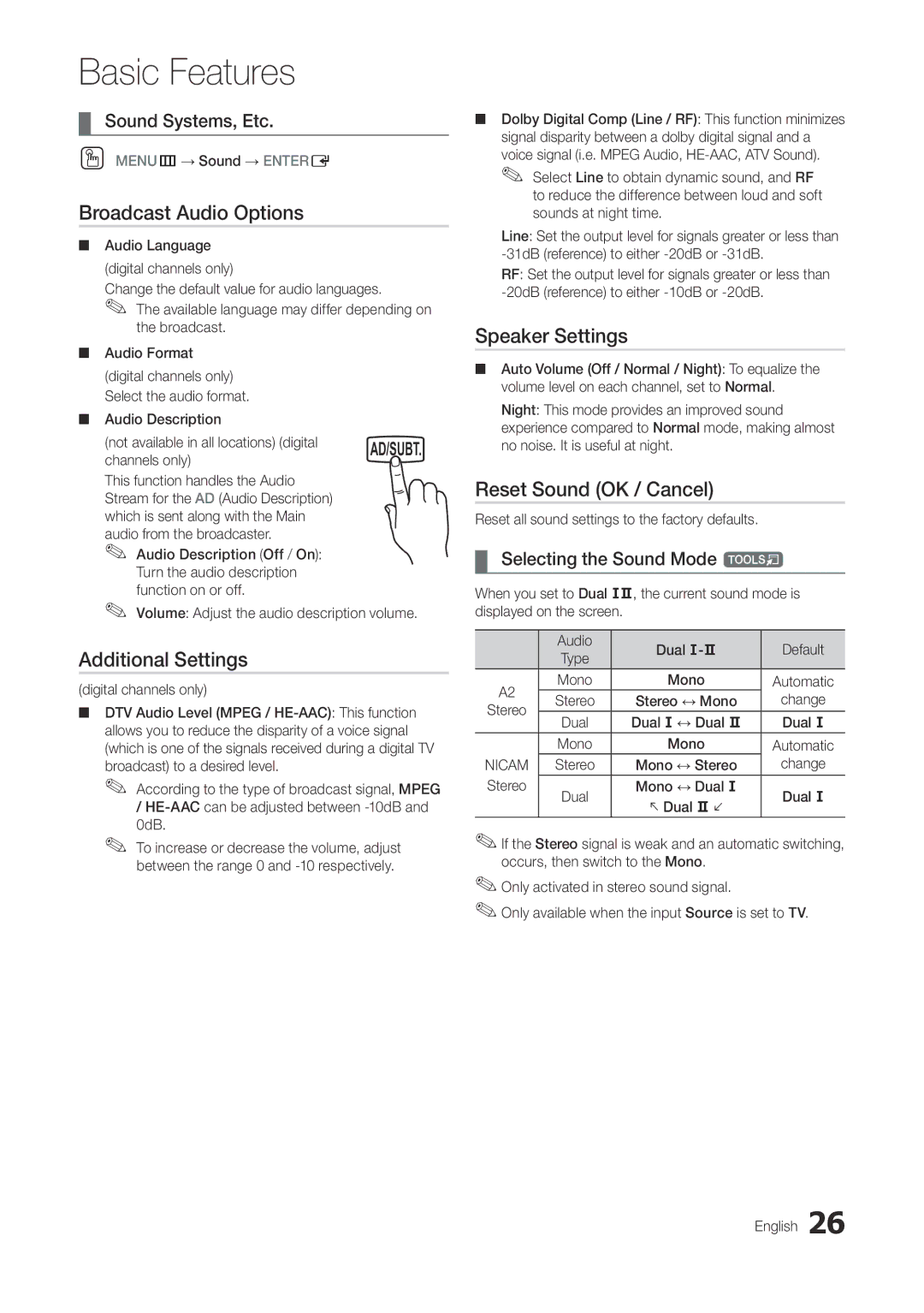 Samsung TA300 user manual Broadcast Audio Options, Additional Settings, Speaker Settings, Reset Sound OK / Cancel 