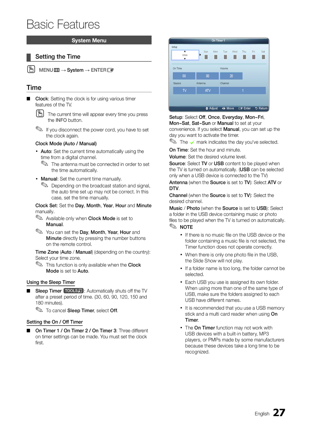 Samsung TA300 user manual Setting the Time, System Menu, OO MENUm→ System → Entere 