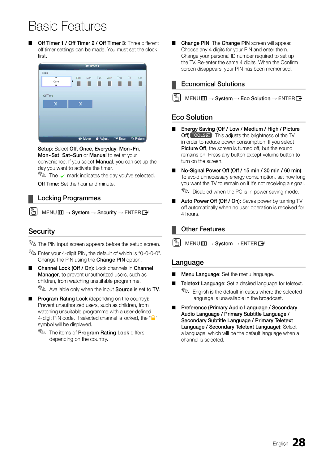 Samsung TA300 user manual Eco Solution, Security, Language 