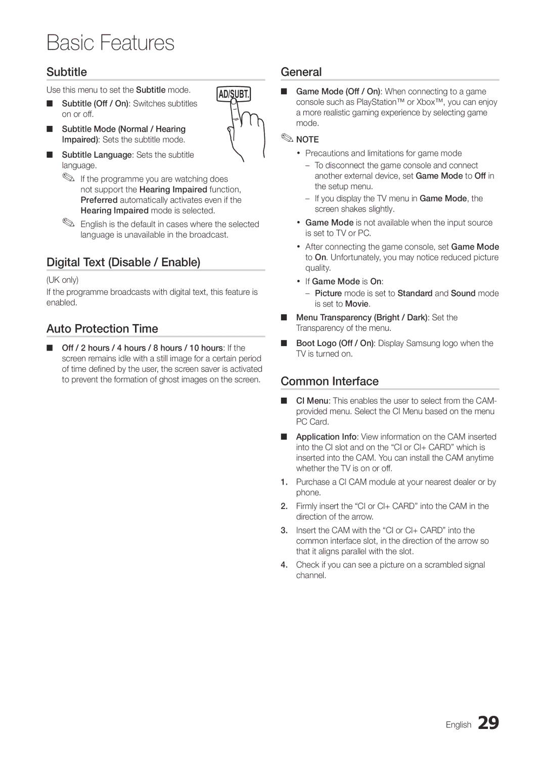 Samsung TA300 user manual Subtitle, Digital Text Disable / Enable, Auto Protection Time, General, Common Interface 