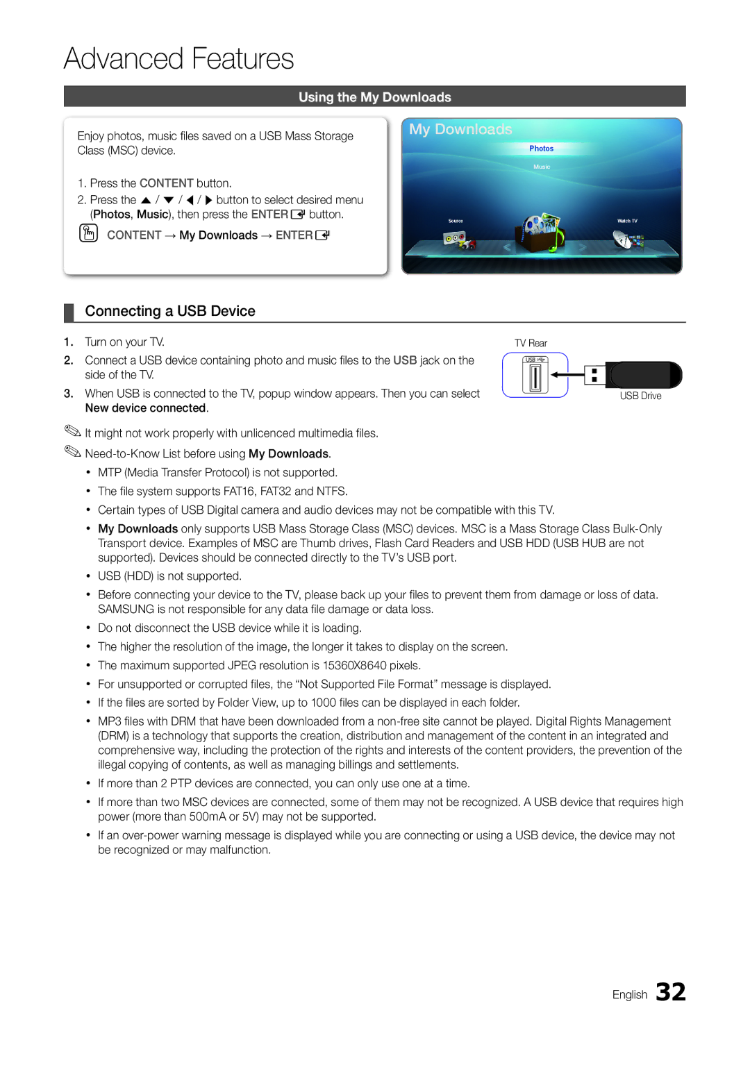 Samsung TA300 user manual Advanced Features, Connecting a USB Device, Using the My Downloads, Turn on your TV 