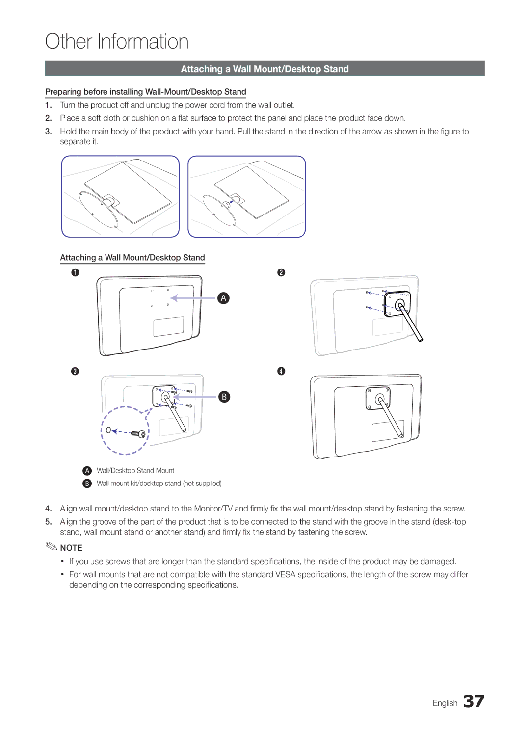 Samsung TA300 user manual Attaching a Wall Mount/Desktop Stand 