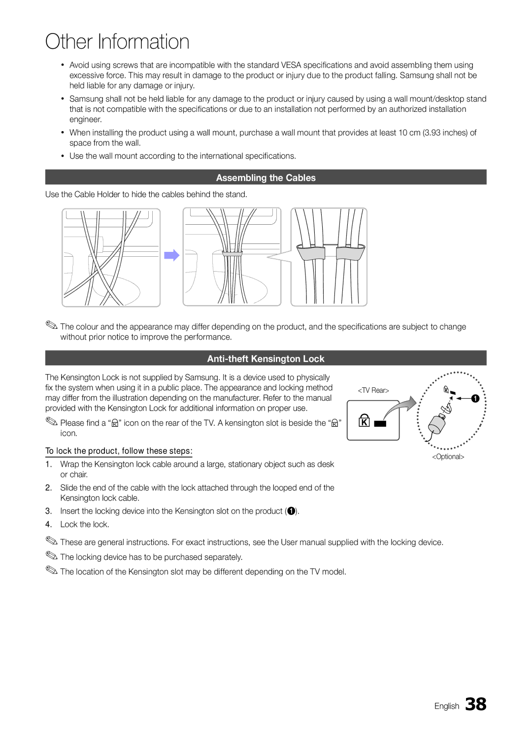 Samsung TA300 Assembling the Cables, Anti-theft Kensington Lock, Icon To lock the product, follow these steps, Or chair 