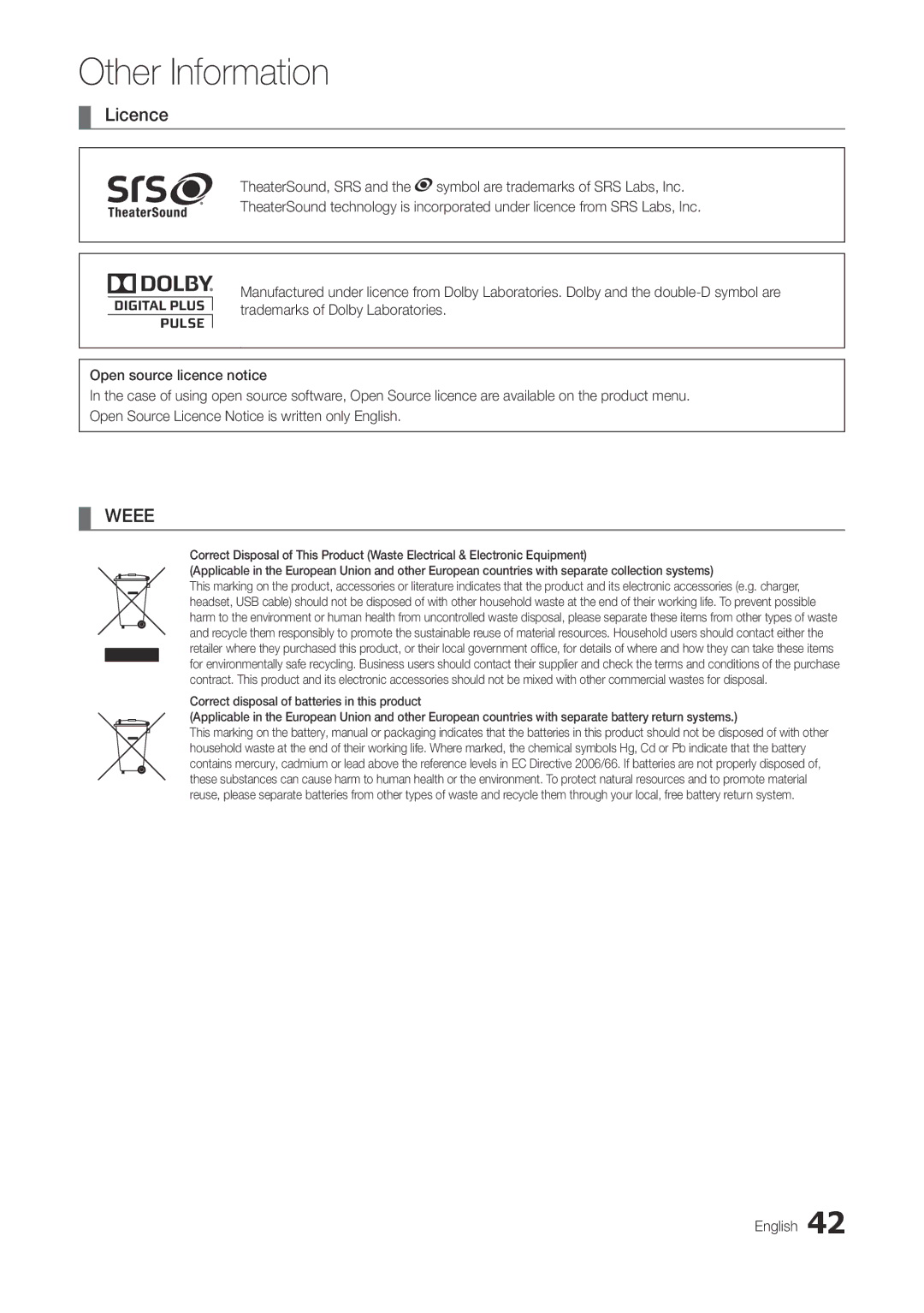 Samsung TA300 user manual Licence, Weee 