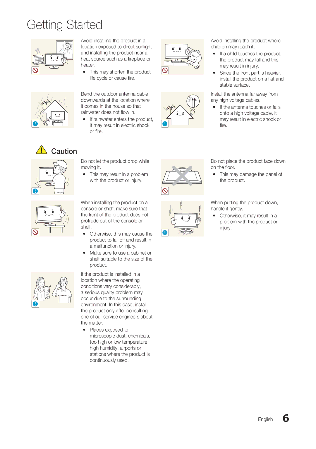 Samsung TA300 user manual Or fi re Do not let the product drop while moving it, Serious quality problem may, Matter 